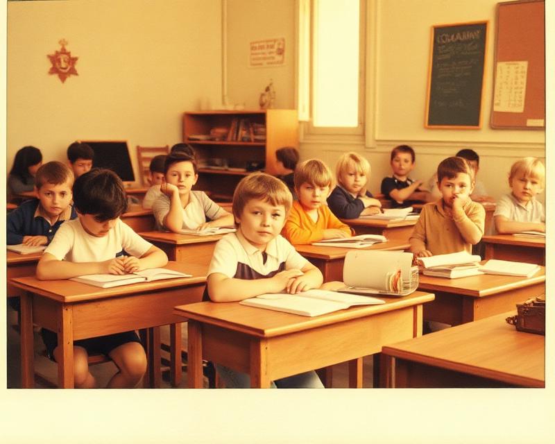 Salle de classe des années 80 avec des élèves à leurs pupitres